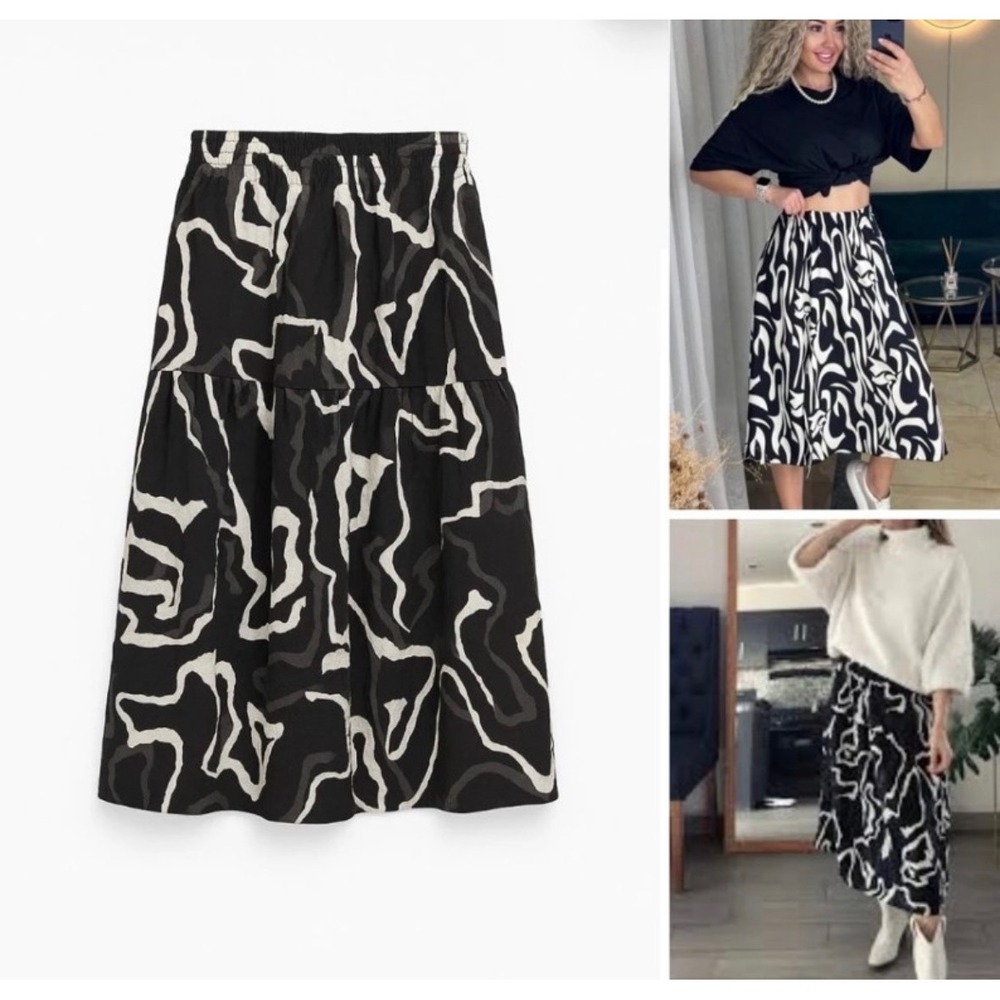 (CL) Nine West XL Black White Abstract Print Tiered Midi Skirt Elastic Waist NWT